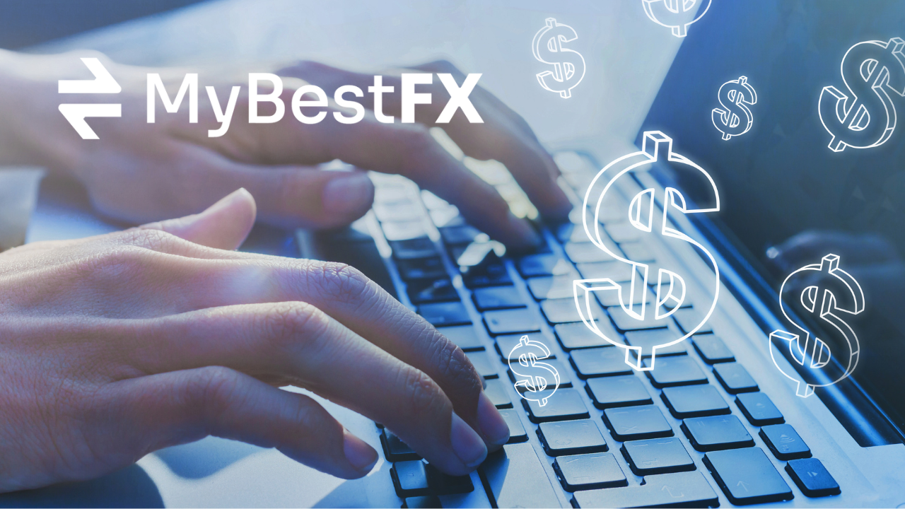 Bildschirm mit einem Währungsumrechner mit CHF-, EUR- und USD-Symbolen, der eine Online-Wechselstube darstellt.